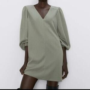 Zara Puff Sleeve V-Neck Textured Stretch Mini Career Dress S Olive Green #2983
